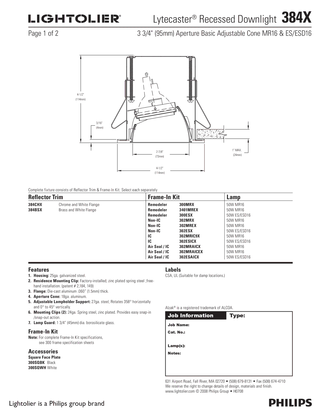 Lightolier 384X specifications Lytecaster Recessed Downlight , Reflector Trim Frame-In Kit Lamp, Features, Labels 